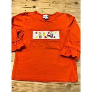 MK Clothing Designs Peanuts Thanksgiving Smocked Orange Ruffle Sleeve 4T‎